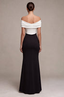 Load image into Gallery viewer, Black and White Mermaid Off the Shoulder Satin Ruched Long Formal Dress