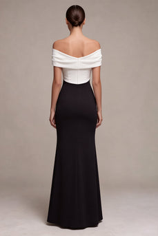 Black and White Mermaid Off the Shoulder Satin Ruched Long Formal Dress