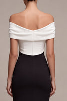 Load image into Gallery viewer, Black and White Mermaid Off the Shoulder Satin Ruched Long Formal Dress