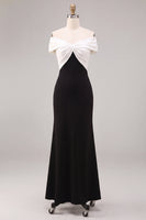 Load image into Gallery viewer, Black and White Mermaid Off the Shoulder Satin Ruched Long Formal Dress