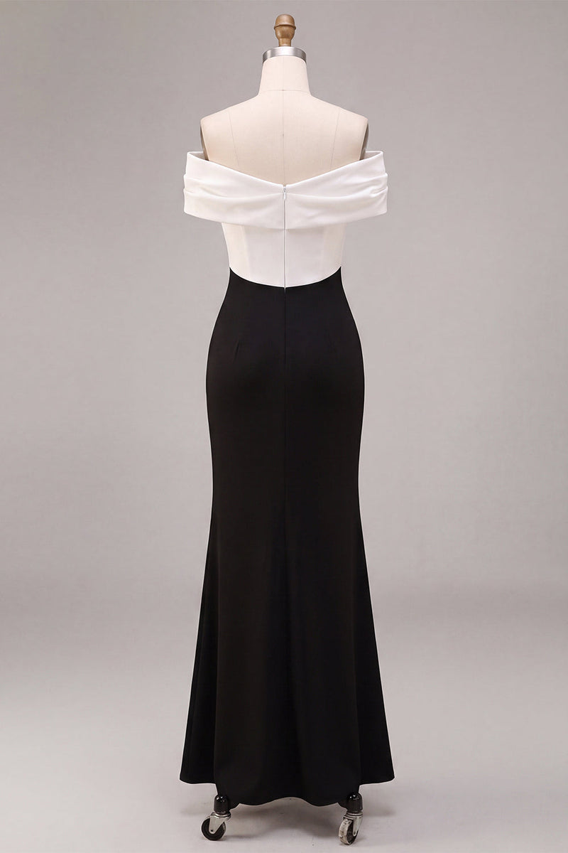 Load image into Gallery viewer, Black and White Mermaid Off the Shoulder Satin Ruched Long Formal Dress