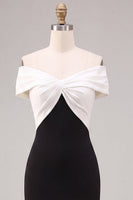 Load image into Gallery viewer, Black and White Mermaid Off the Shoulder Satin Ruched Long Formal Dress