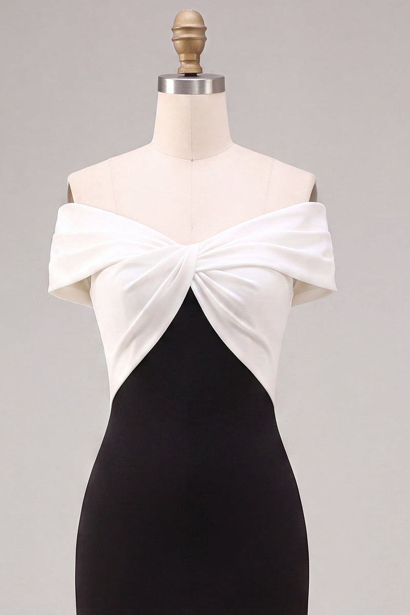 Load image into Gallery viewer, Black and White Mermaid Off the Shoulder Satin Ruched Long Formal Dress