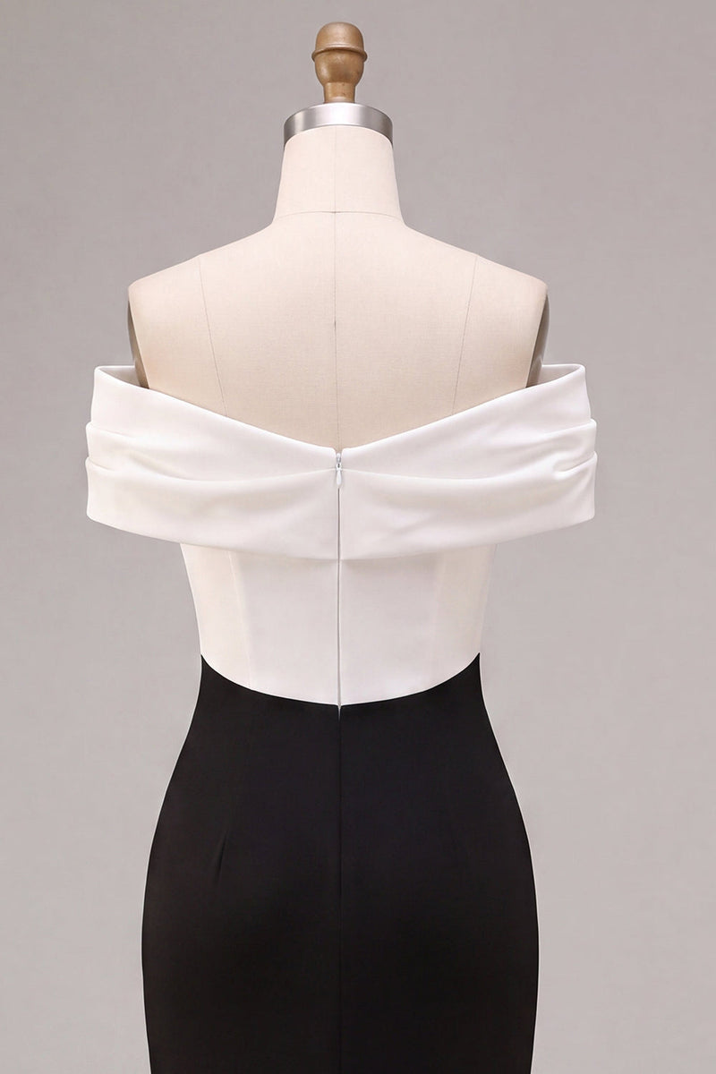 Load image into Gallery viewer, Black and White Mermaid Off the Shoulder Satin Ruched Long Formal Dress