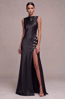Load image into Gallery viewer, Simple Black Mermaid Boat Neck Satin Long Formal Dress with Slit