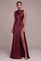 Load image into Gallery viewer, Simple Black Mermaid Boat Neck Satin Long Formal Dress with Slit