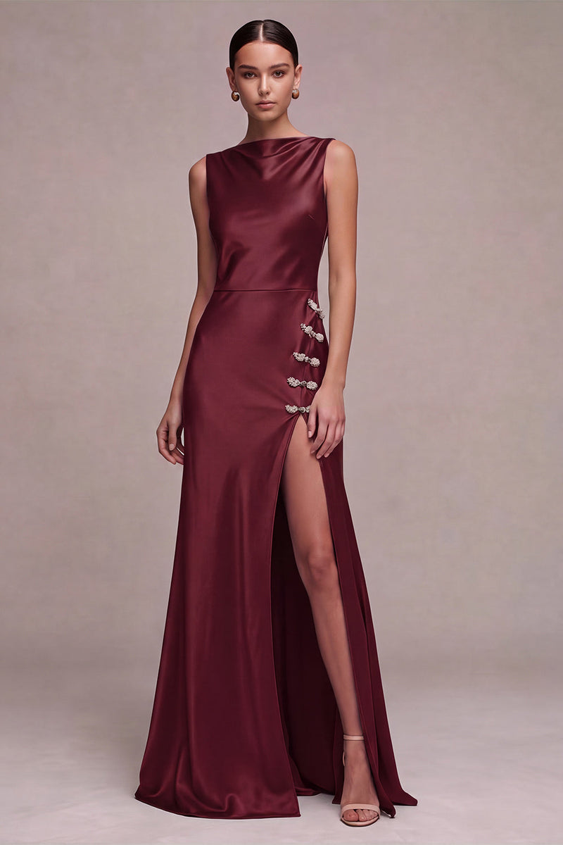 Load image into Gallery viewer, Simple Black Mermaid Boat Neck Satin Long Formal Dress with Slit