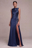 Load image into Gallery viewer, Simple Black Mermaid Boat Neck Satin Long Formal Dress with Slit