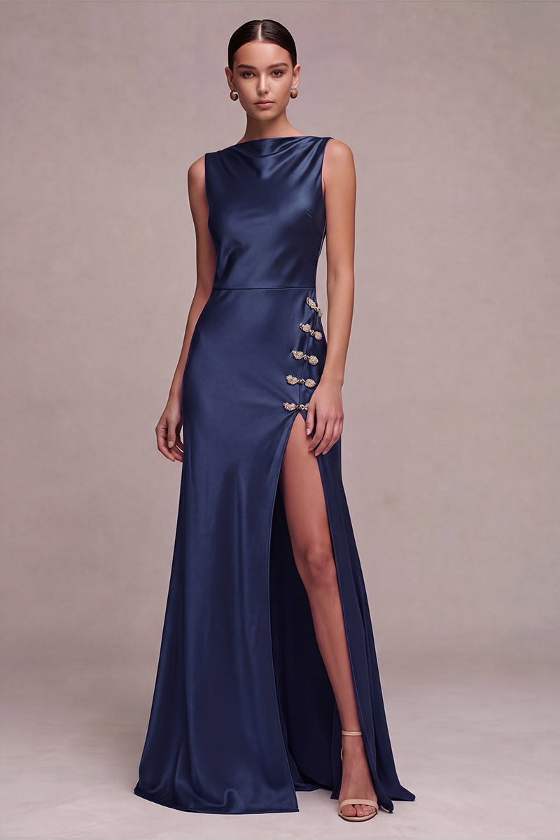 Load image into Gallery viewer, Simple Black Mermaid Boat Neck Satin Long Formal Dress with Slit