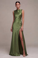Load image into Gallery viewer, Simple Black Mermaid Boat Neck Satin Long Formal Dress with Slit