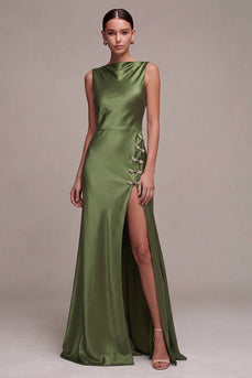 Simple Black Mermaid Boat Neck Satin Long Formal Dress with Slit