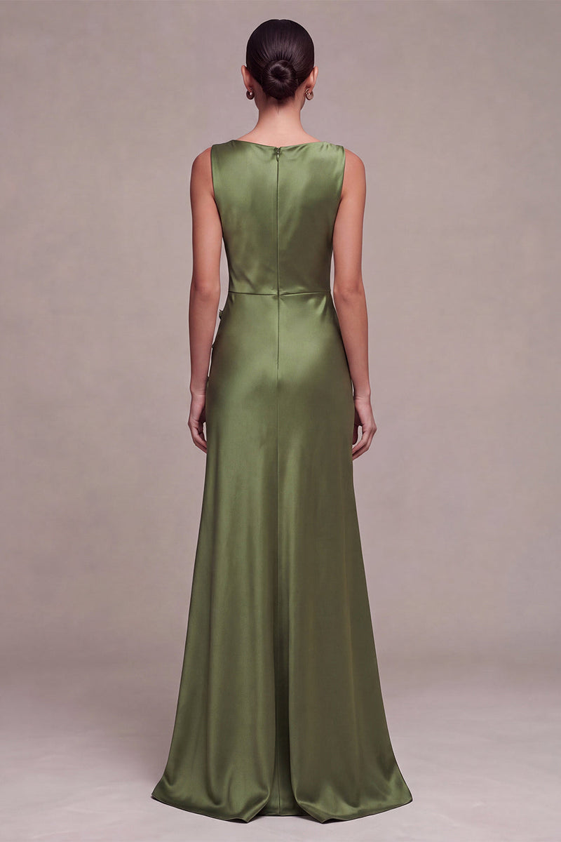 Load image into Gallery viewer, Simple Black Mermaid Boat Neck Satin Long Formal Dress with Slit