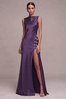 Load image into Gallery viewer, Simple Black Mermaid Boat Neck Satin Long Formal Dress with Slit