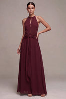 Load image into Gallery viewer, Burgundy Cut Out Round Neck A Line Long Formal Dress with Sash