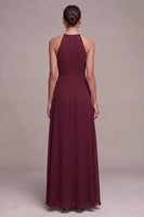 Load image into Gallery viewer, Burgundy Cut Out Round Neck A Line Long Formal Dress with Sash