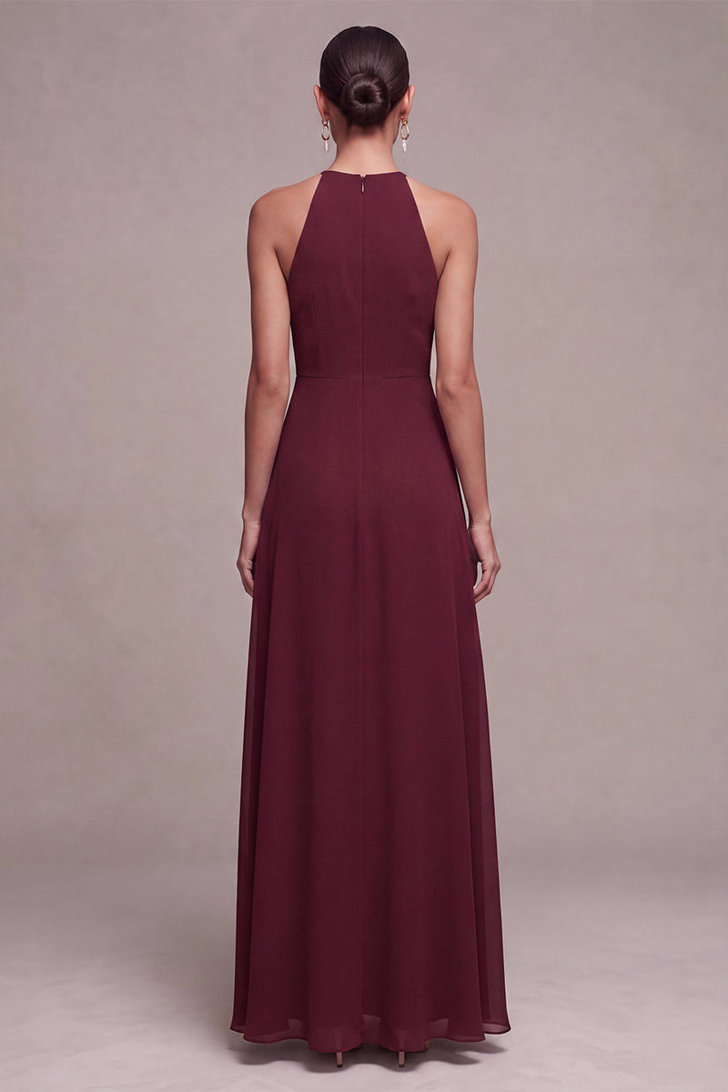 Load image into Gallery viewer, Burgundy Cut Out Round Neck A Line Long Formal Dress with Sash