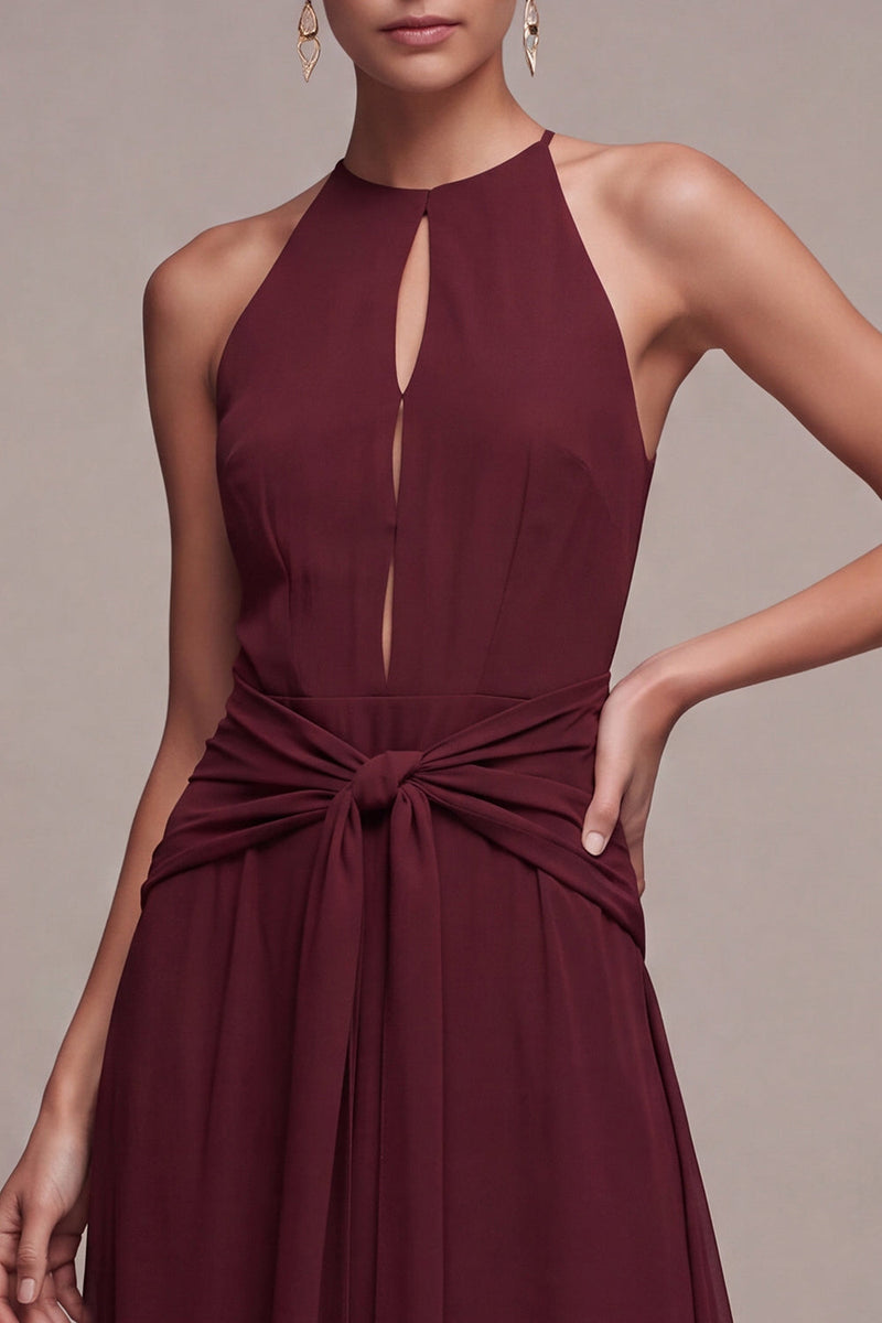 Load image into Gallery viewer, Burgundy Cut Out Round Neck A Line Long Formal Dress with Sash