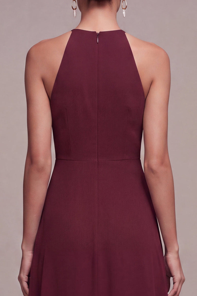 Load image into Gallery viewer, Burgundy Cut Out Round Neck A Line Long Formal Dress with Sash