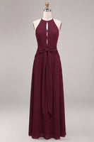 Load image into Gallery viewer, Burgundy Cut Out Round Neck A Line Long Formal Dress with Sash