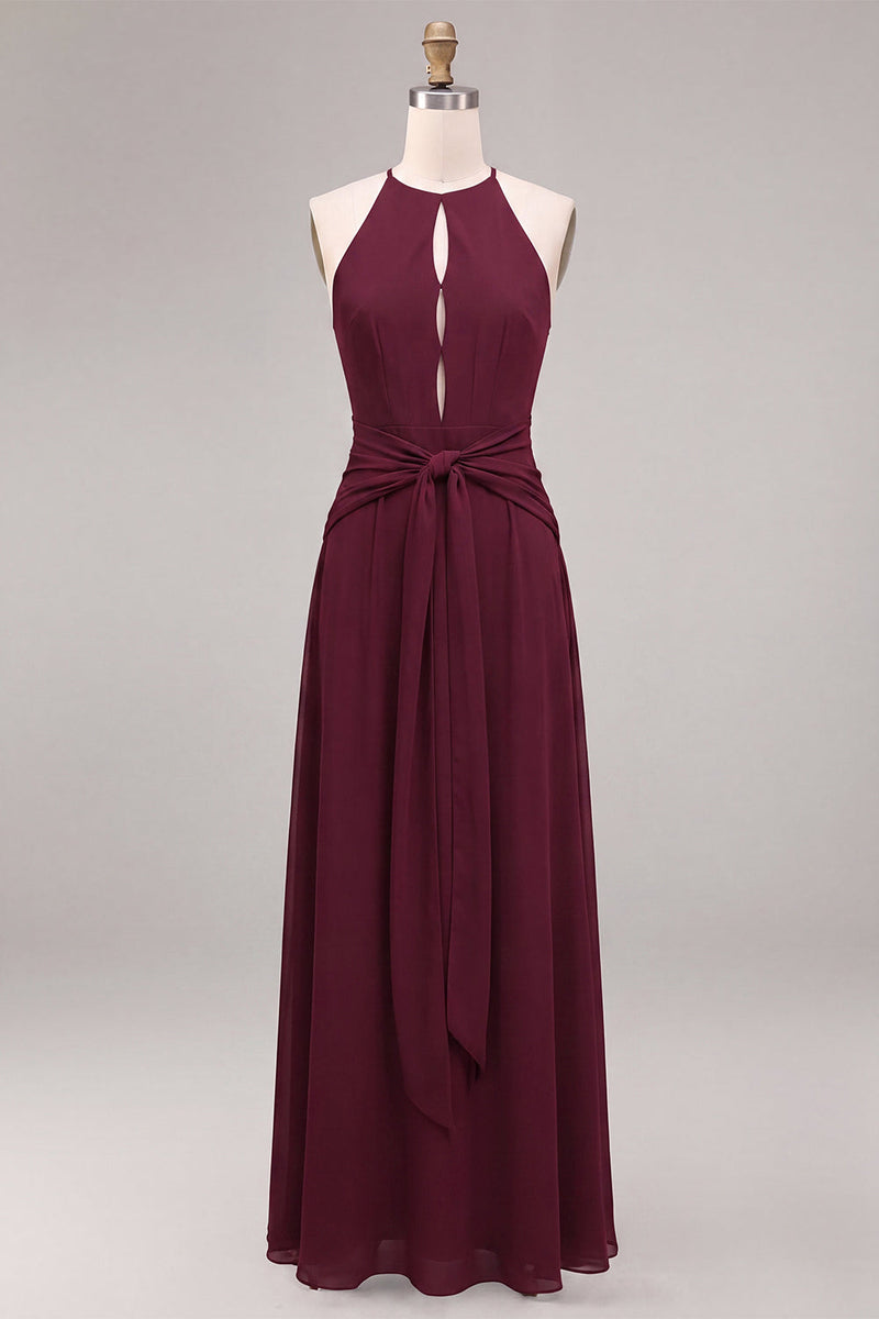 Load image into Gallery viewer, Burgundy Cut Out Round Neck A Line Long Formal Dress with Sash
