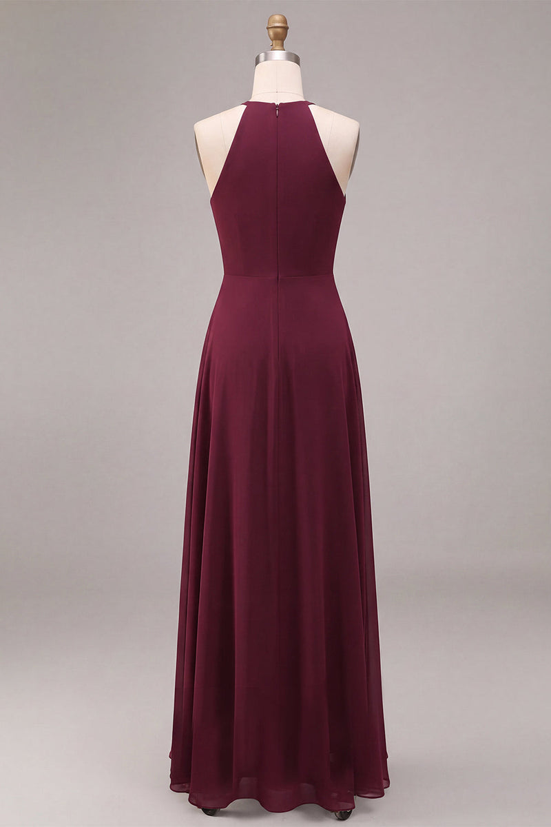 Load image into Gallery viewer, Burgundy Cut Out Round Neck A Line Long Formal Dress with Sash