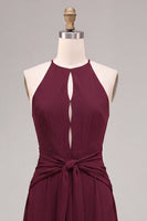 Load image into Gallery viewer, Burgundy Cut Out Round Neck A Line Long Formal Dress with Sash