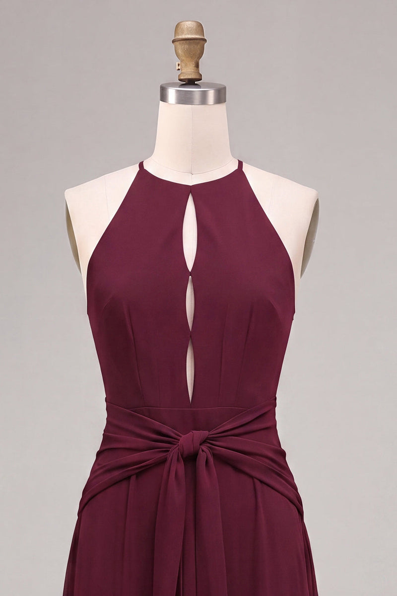 Load image into Gallery viewer, Burgundy Cut Out Round Neck A Line Long Formal Dress with Sash