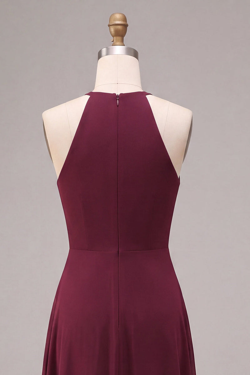 Load image into Gallery viewer, Burgundy Cut Out Round Neck A Line Long Formal Dress with Sash