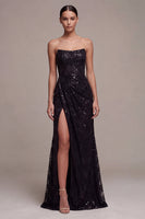 Load image into Gallery viewer, Sparkly Black Sequins Strapless Mermaid Floral Long Formal Dress with Slit