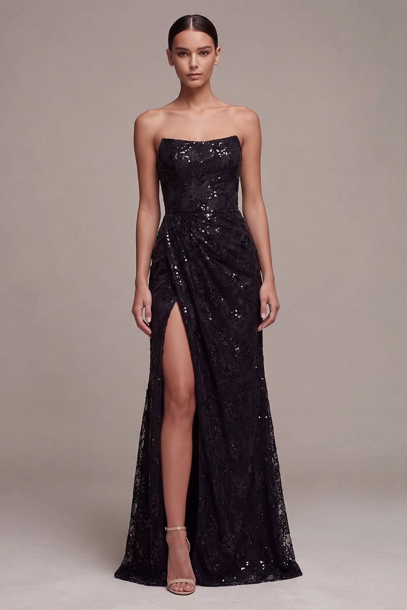 Load image into Gallery viewer, Sparkly Black Sequins Strapless Mermaid Floral Long Formal Dress with Slit