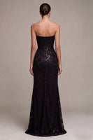 Load image into Gallery viewer, Sparkly Black Sequins Strapless Mermaid Floral Long Formal Dress with Slit