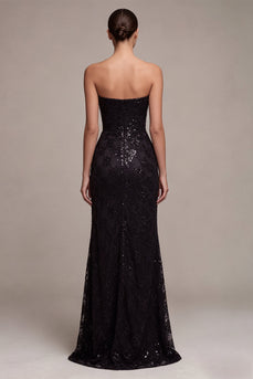 Sparkly Black Sequins Strapless Mermaid Floral Long Formal Dress with Slit