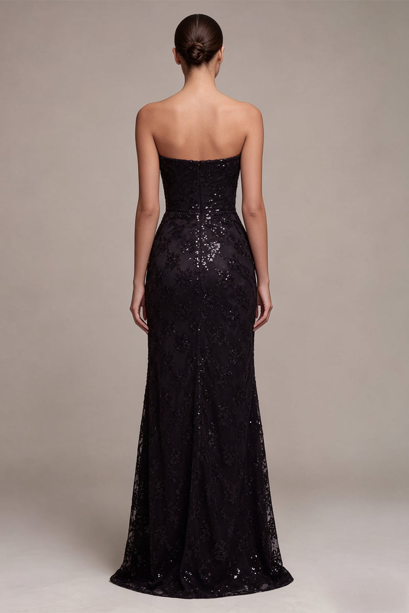 Load image into Gallery viewer, Sparkly Black Sequins Strapless Mermaid Floral Long Formal Dress with Slit