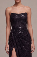 Load image into Gallery viewer, Sparkly Black Sequins Strapless Mermaid Floral Long Formal Dress with Slit