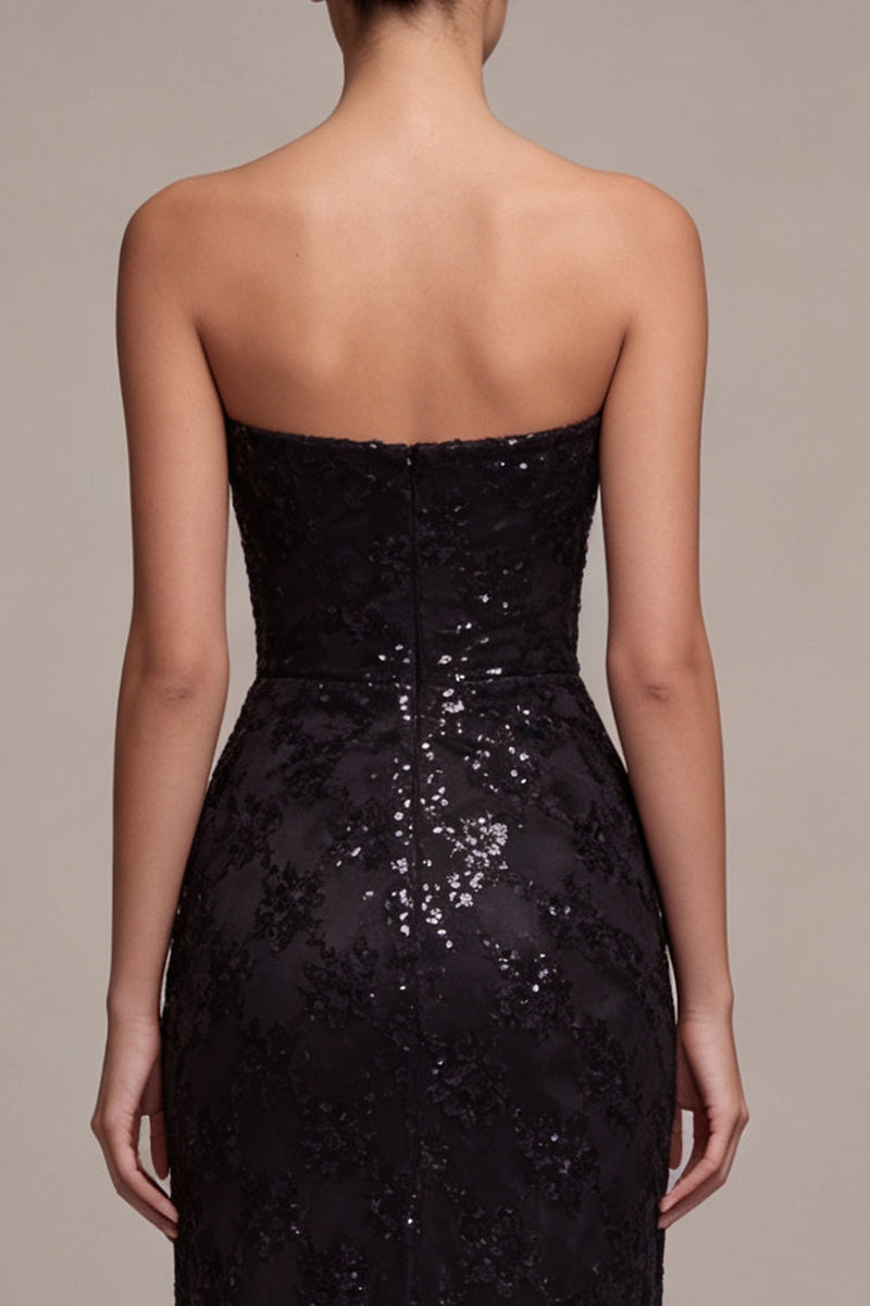 Load image into Gallery viewer, Sparkly Black Sequins Strapless Mermaid Floral Long Formal Dress with Slit
