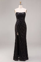 Load image into Gallery viewer, Sparkly Black Sequins Strapless Mermaid Floral Long Formal Dress with Slit
