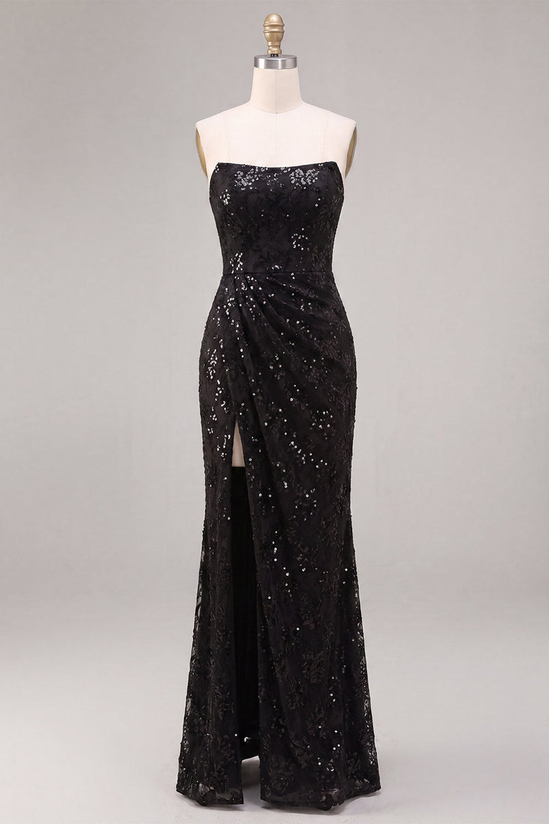 Load image into Gallery viewer, Sparkly Black Sequins Strapless Mermaid Floral Long Formal Dress with Slit