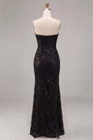 Load image into Gallery viewer, Sparkly Black Sequins Strapless Mermaid Floral Long Formal Dress with Slit