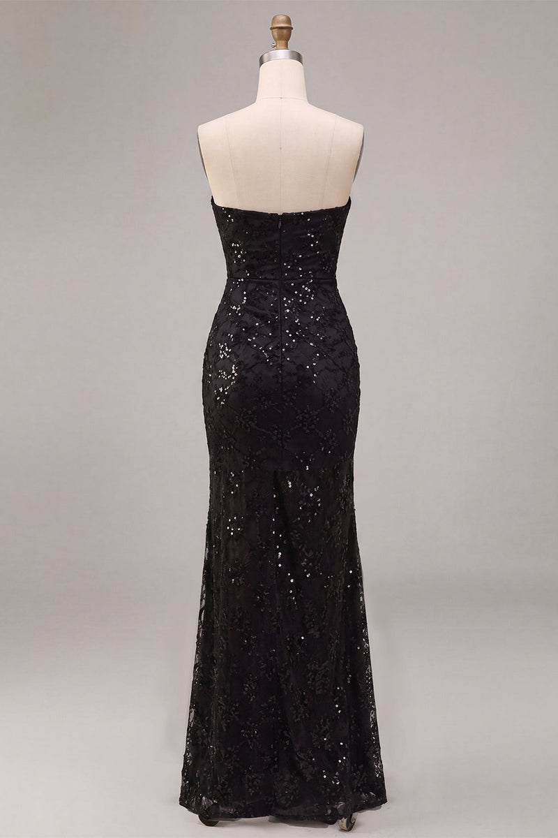 Load image into Gallery viewer, Sparkly Black Sequins Strapless Mermaid Floral Long Formal Dress with Slit