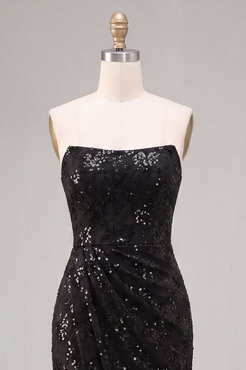 Load image into Gallery viewer, Sparkly Black Sequins Strapless Mermaid Floral Long Formal Dress with Slit