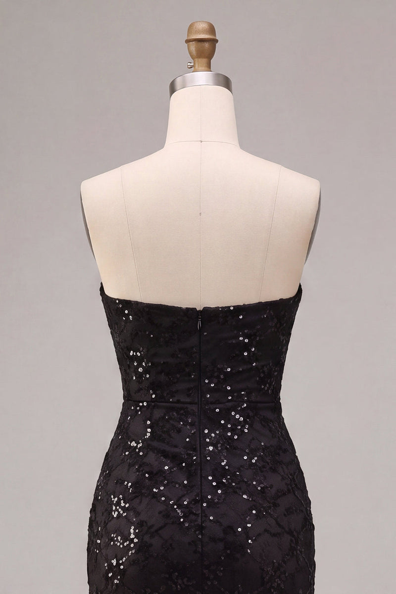 Load image into Gallery viewer, Sparkly Black Sequins Strapless Mermaid Floral Long Formal Dress with Slit