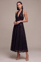 Load image into Gallery viewer, Sparkly A Line Black Halter Sequins Floral Long Formal Dress