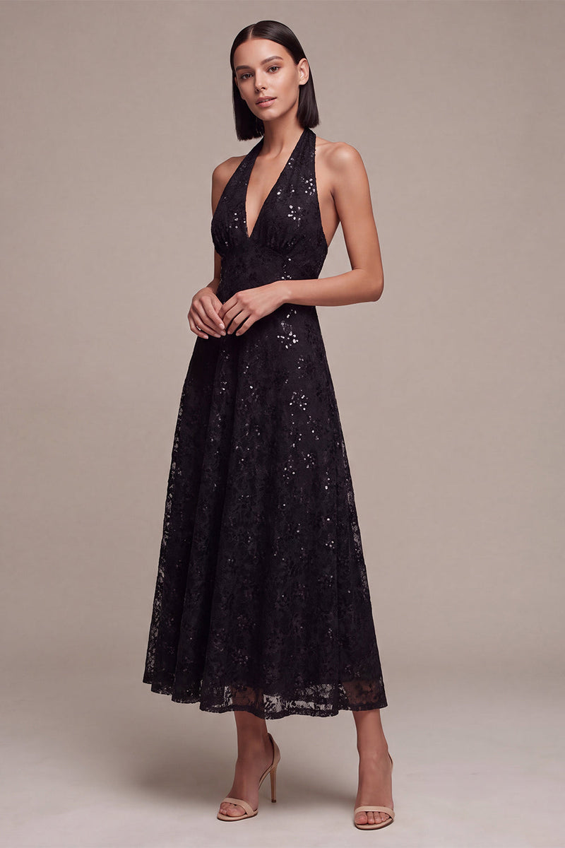 Load image into Gallery viewer, Sparkly A Line Black Halter Sequins Floral Long Formal Dress