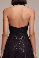 Load image into Gallery viewer, Sparkly A Line Black Halter Sequins Floral Long Formal Dress
