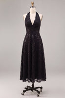 Load image into Gallery viewer, Sparkly A Line Black Halter Sequins Floral Long Formal Dress