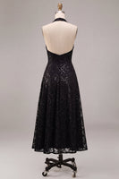 Load image into Gallery viewer, Sparkly A Line Black Halter Sequins Floral Long Formal Dress