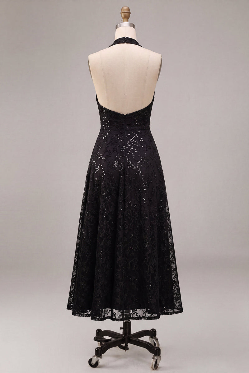 Load image into Gallery viewer, Sparkly A Line Black Halter Sequins Floral Long Formal Dress