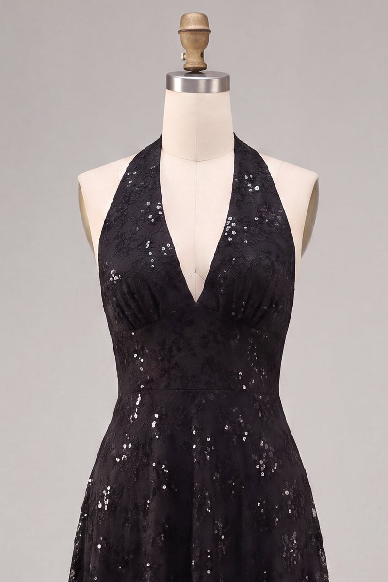 Load image into Gallery viewer, Sparkly A Line Black Halter Sequins Floral Long Formal Dress