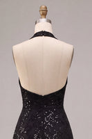 Load image into Gallery viewer, Sparkly A Line Black Halter Sequins Floral Long Formal Dress
