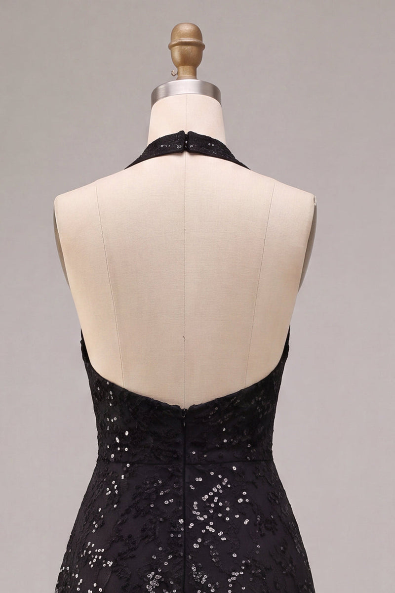 Load image into Gallery viewer, Sparkly A Line Black Halter Sequins Floral Long Formal Dress